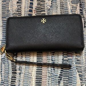 Tory Burch Black Wristlet with Gold Emblem